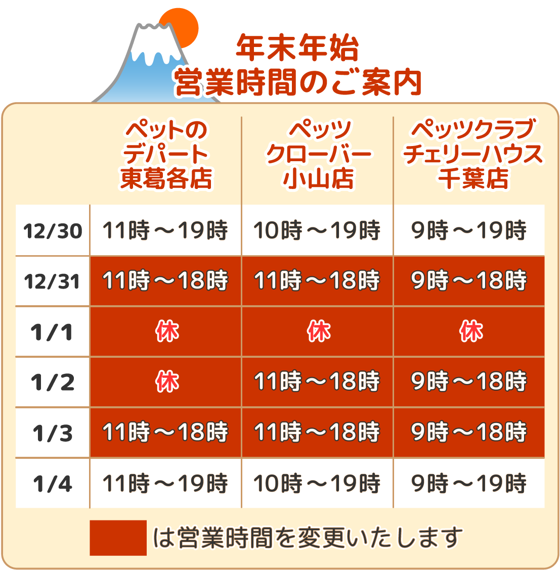 年末年始の営業時間